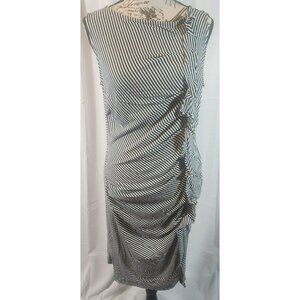 Ann‎ Taylor Black & White Striped Sleeveless Ruched Midi Dress